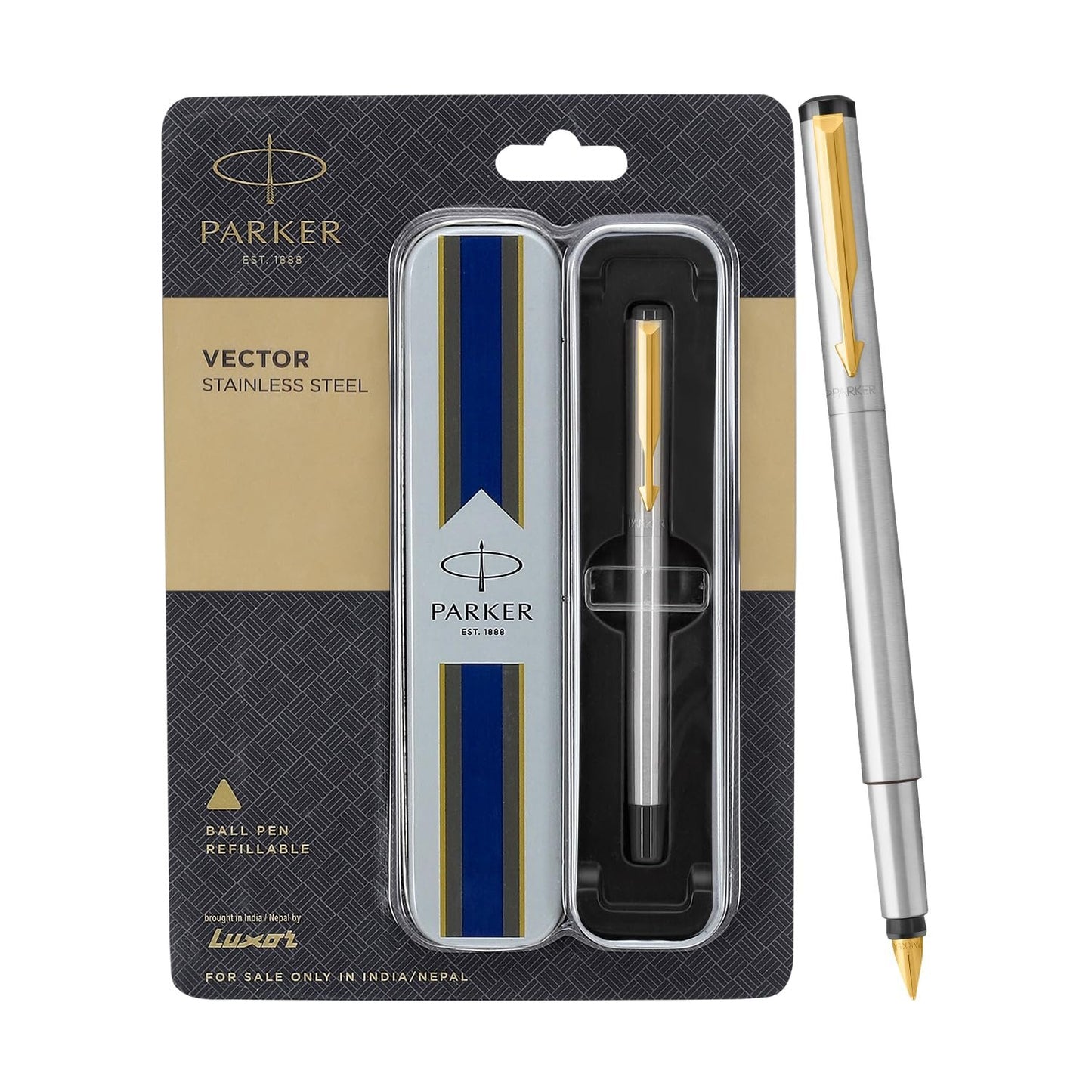 PARKER VECTOR STAINLESS STEEL GOLD TRIM FOUNTAIN PEN