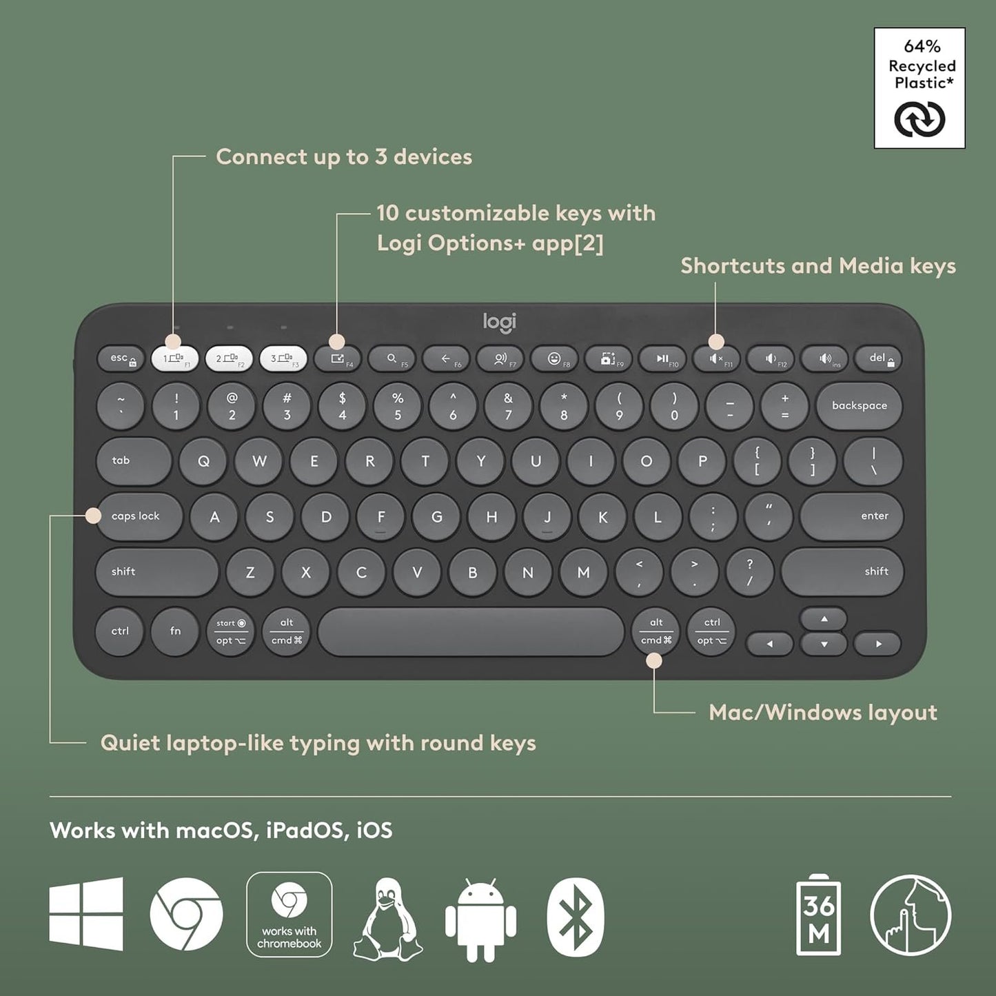 LOGITECH K380S PEBBLE KEYS 2 KEYBOARD WIRELESS,MULTI DEVICE