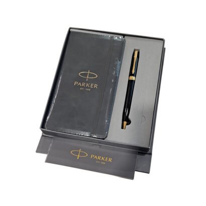 PARKER FUSION LAQUE BLACK GOLD TRIM BALL PEN+NOTEBOOK A6