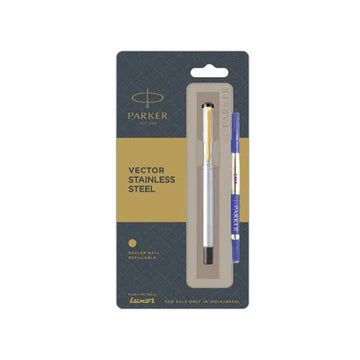 PARKER VECTOR STAINLESS STEEL GOLD TRIM ROLLER BALL PEN