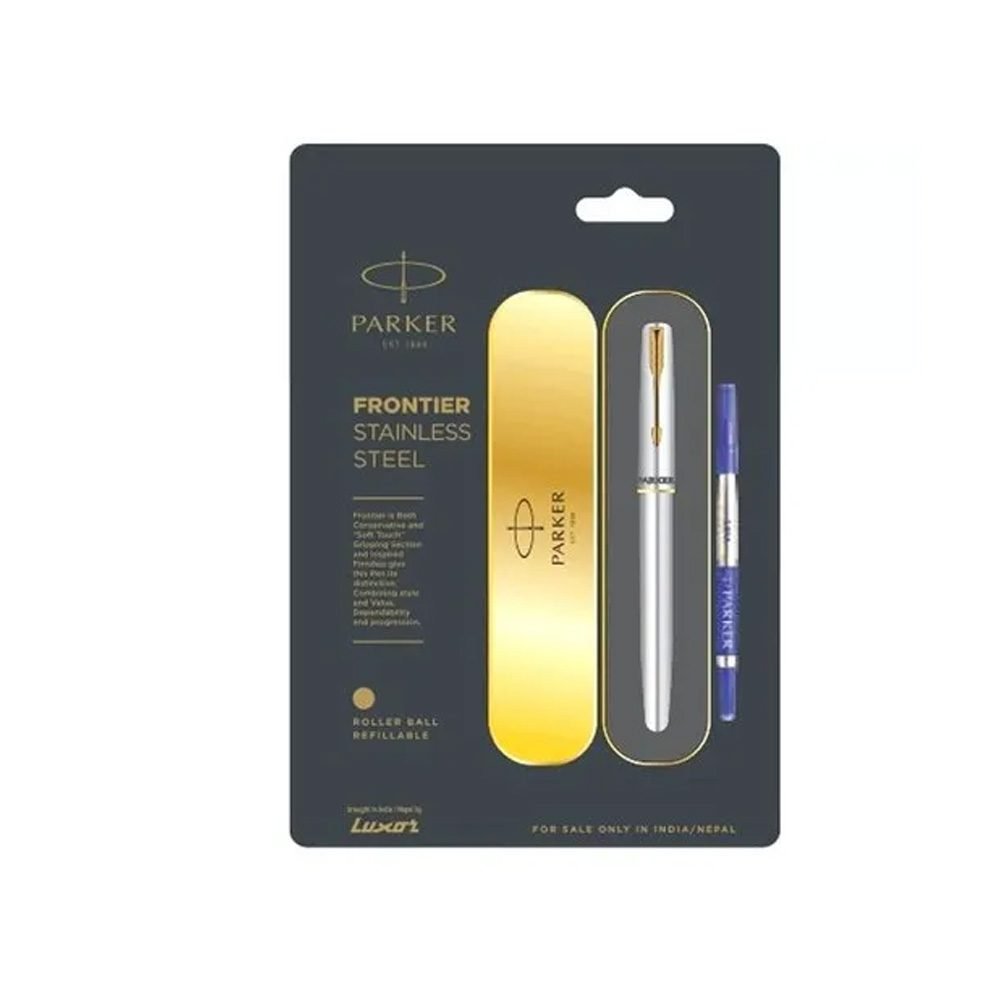 PARKER FRONTIER STAINLESS STEEL GOLD TRIM ROLLER BALL PEN