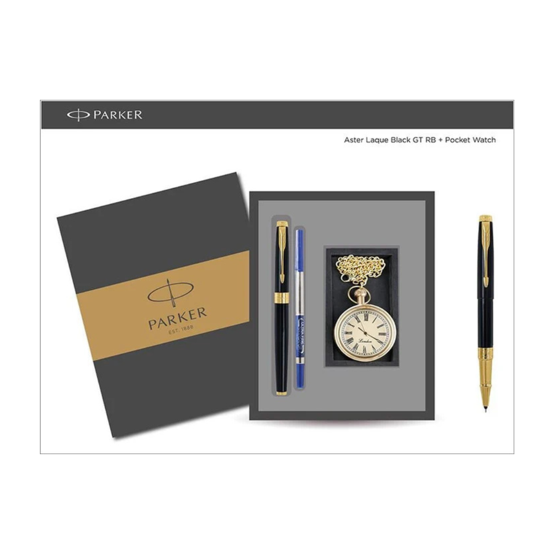 PARKER ASTER LAQUE BLACK GOLD TRIM ROLLER BALL PEN + WATCH