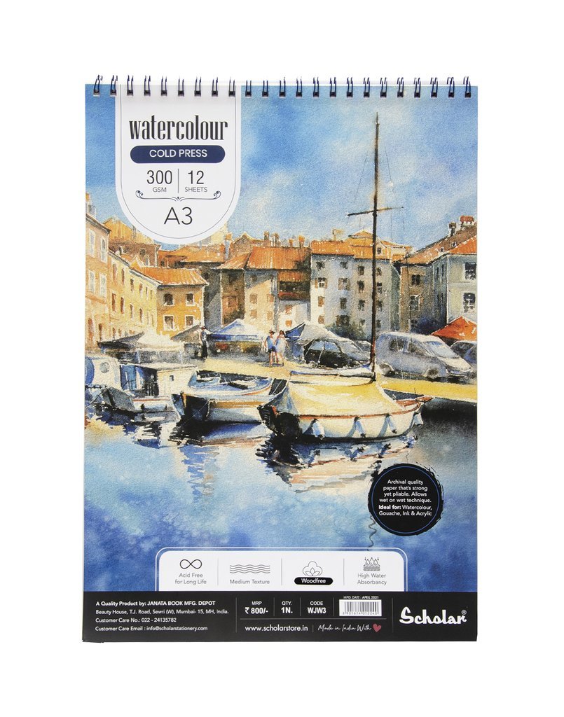 SCHOLAR WJW3 A3 WATER COLOR COLD PRESS SHEET DRAWING SHEET 300GSM 12SHEET