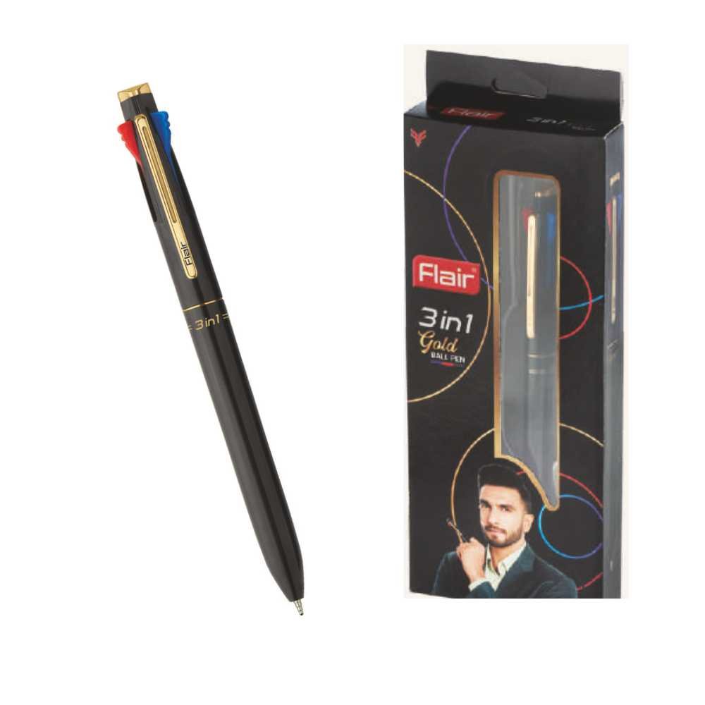 FLAIR GOLD 3IN1 BALL PEN BLACK,BLUE,RED INK COLOR