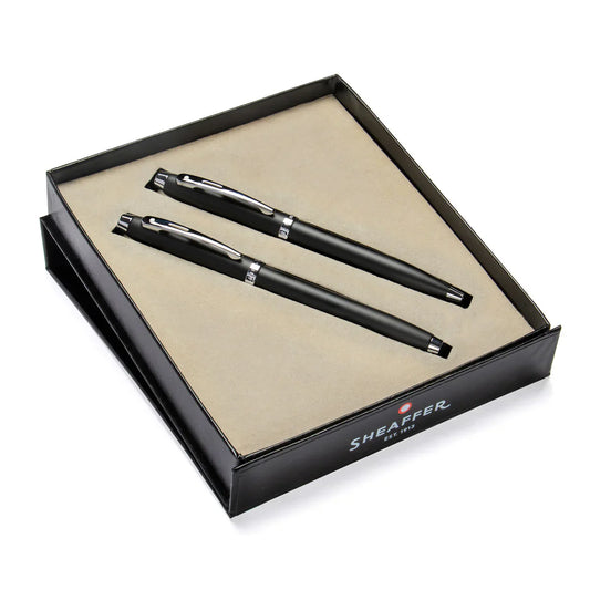 SHEAFFER 9317 MATT BLACK CHROME TRIM MEDIUM FOUNTAIN PEN & BALL PEN SET