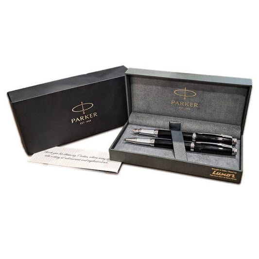 PARKER AMBIENT LACQUE BLACK CHROME TRIM FOUNTAIN PEN & ROLLER BALL SET