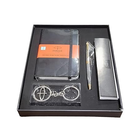 PARKER ASTER SHINY CHROME GOLD TRIM BALL PEN+NOTEBOOK+KEYCHAIN