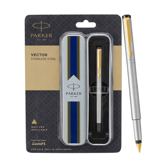 PARKER VECTOR STAINLESS STEEL GOLD TRIM FOUNTAIN PEN