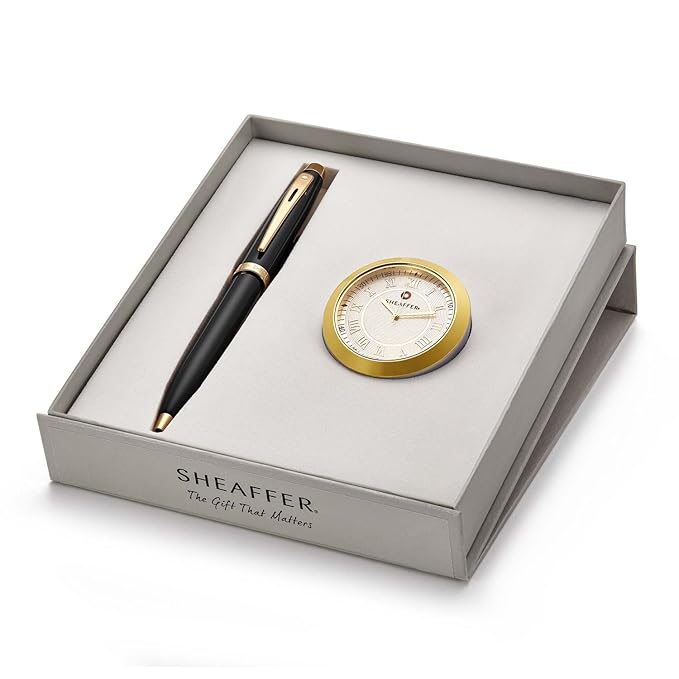 SHEAFFER 9322 GLOSSY BLACK GOLD TRIM BALL PEN WITH TABLE CLOCK
