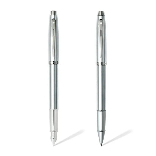 SHEAFFER 9306 BRUSHED CHROME TRIM MEDIUM FOUNTAIN PEN & BALL PEN SET