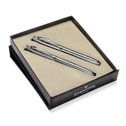 SHEAFFER 9306 BRUSHED CHROME TRIM MEDIUM FOUNTAIN PEN & BALL PEN SET