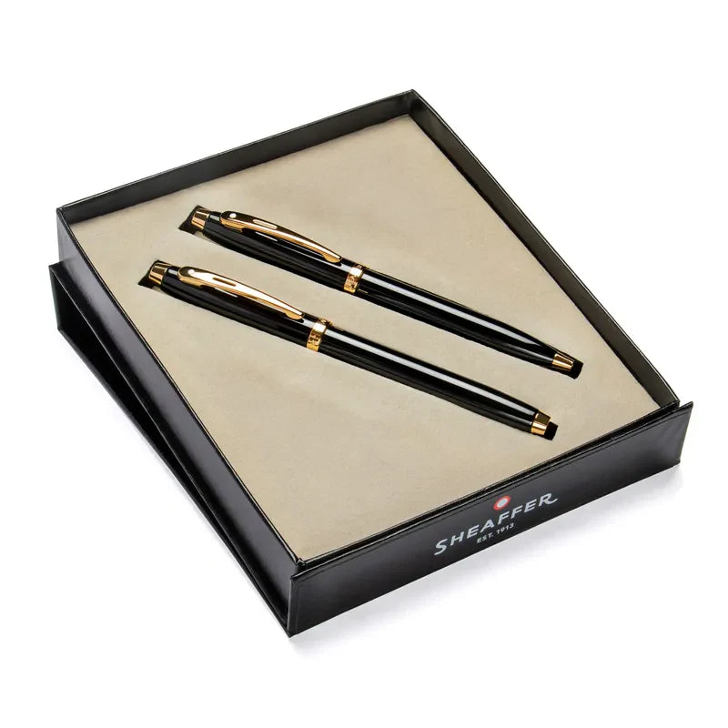 SHEAFFER 9322 GLOSSY BLACK GOLD TRIM FOUNTAIN PEN & BALL PEN SET