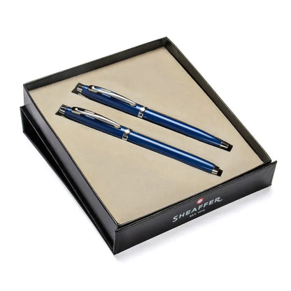 SHEAFFER 9339 GLOSSY BLUE CHROME TRIM ROLLER BALL PEN & BALL PEN SET