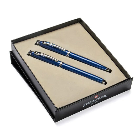 SHEAFFER 9339 GLOSSY BLUE CHROME TRIM ROLLER BALL PEN & BALL PEN SET
