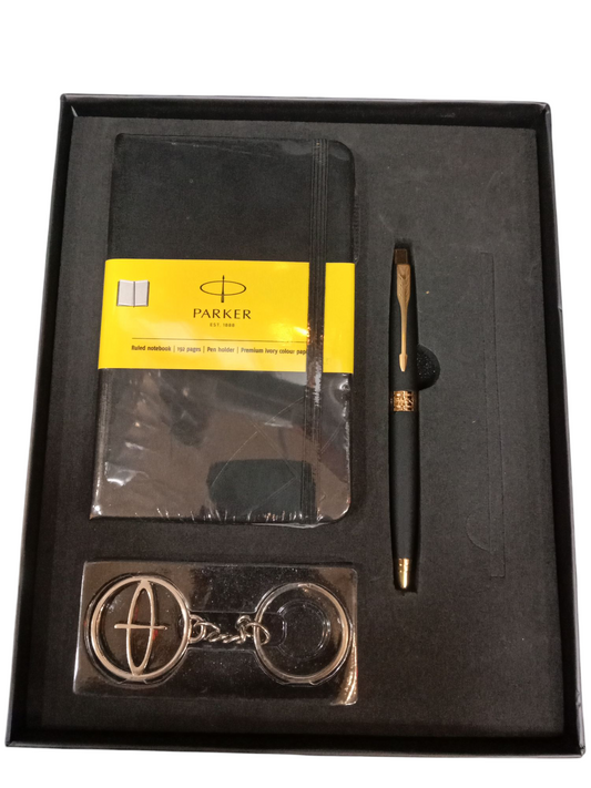 PARKER ASTER MATT BLACK GOLD TRIM BALL PEN+NOTEBOOK+KEYCHAIN
