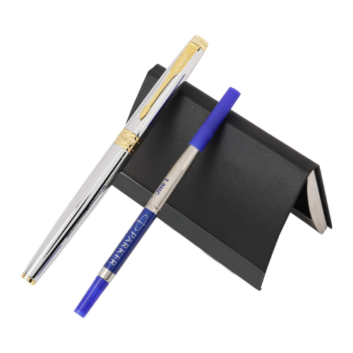 PARKER ASTER SHINY CHROME GOLD TRIM ROLLER BALL PEN+CREDIT CARD HOLDER