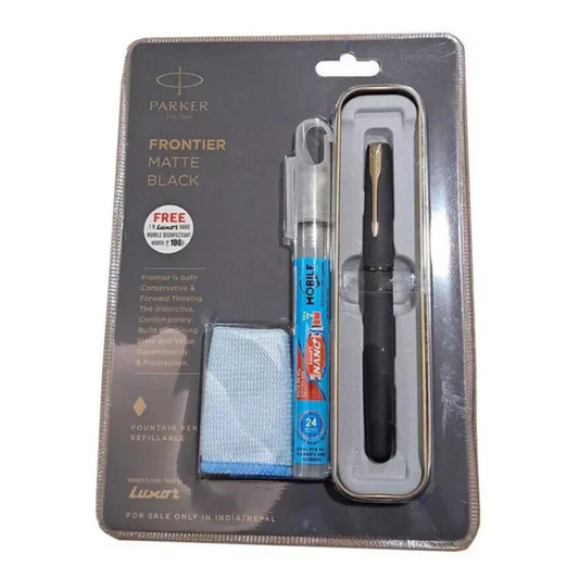 PARKER FRONTIER MATTE BLACK GOLD TRIM ROLLER BALL PEN+LUXOR MOBILE DISINFECTIANT