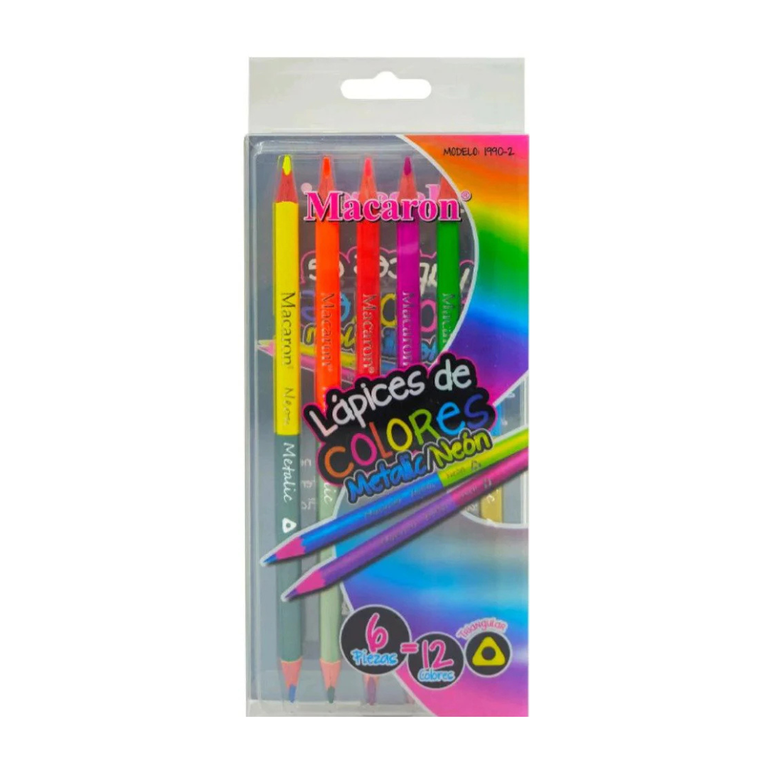 MACARON MCR-1990-2 LAPICES DE METALIC NEON PENCILS PACK OF 6PCS (12 SHADES)