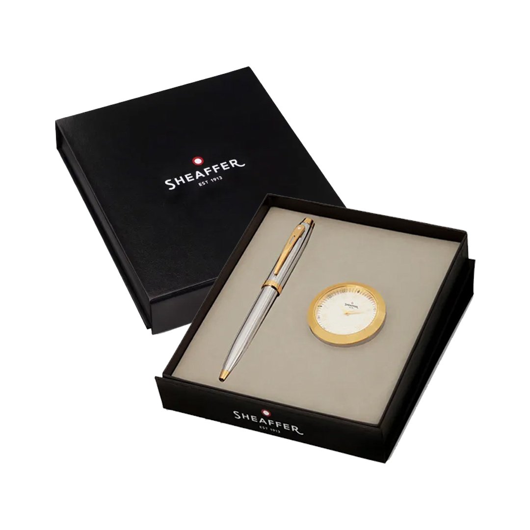 SHEAFFER 9340 GIFT SET 100 BRIGHT CHROME WITH GOLD TRIM BALL PEN & GOLD TABLE CLOCK