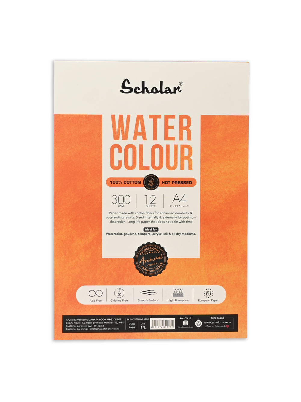 SCHOLAR PHP4 A4 WATER COLOR HOT PRESS PAD 300GSM 12SHEET