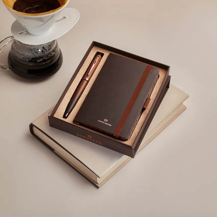 SHEAFFER 9374 COFFEE EDITION BALLPOINT PEN WITH REGAL BROWN PVD TRIMS AND MATT BROWN SMALL NOTEBOOK