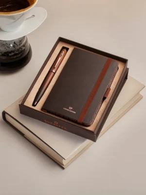 SHEAFFER 9374 COFFEE EDITION BALLPOINT PEN WITH REGAL BROWN PVD TRIMS AND MATT BROWN SMALL NOTEBOOK